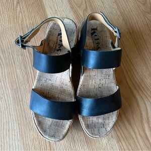 Korks black leather cork footbed size 8 wedge sandal 3 inch heel wide strap